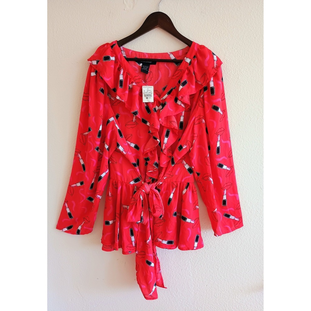 Ashley Stewart Red Lipstick Print Ruffle Peplum Blouse NEW Size 22/24 Chic